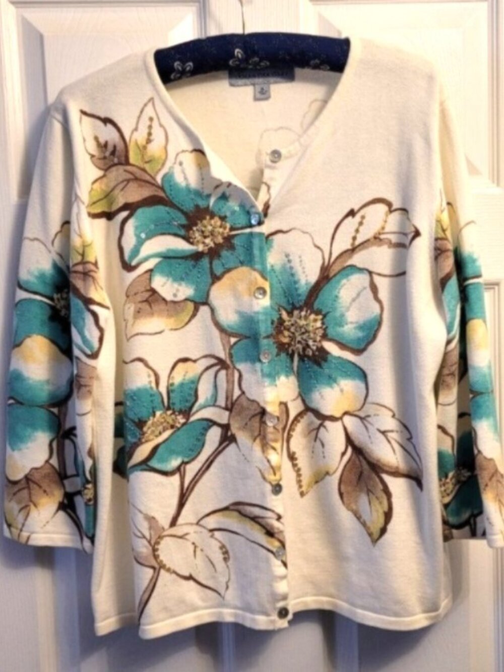 Samantha Grey White/Turquoise/Gold with Sequin Sweater XL